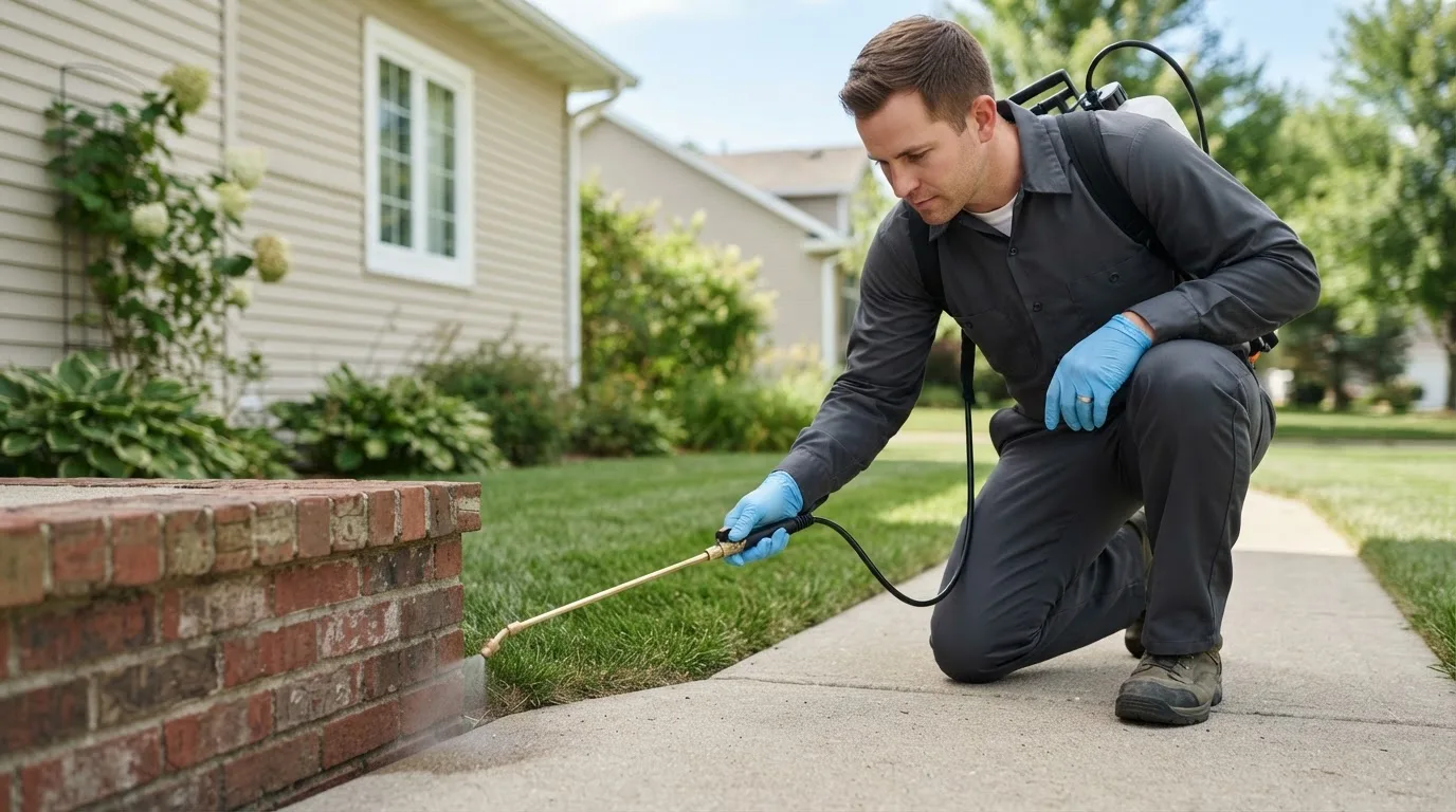 Pest control technician treating a home near New Market, VA